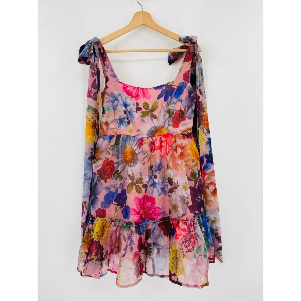 Audrey Parks Mini Dress‎ Womens Small Pink Floral Tie Shoulder Tiered